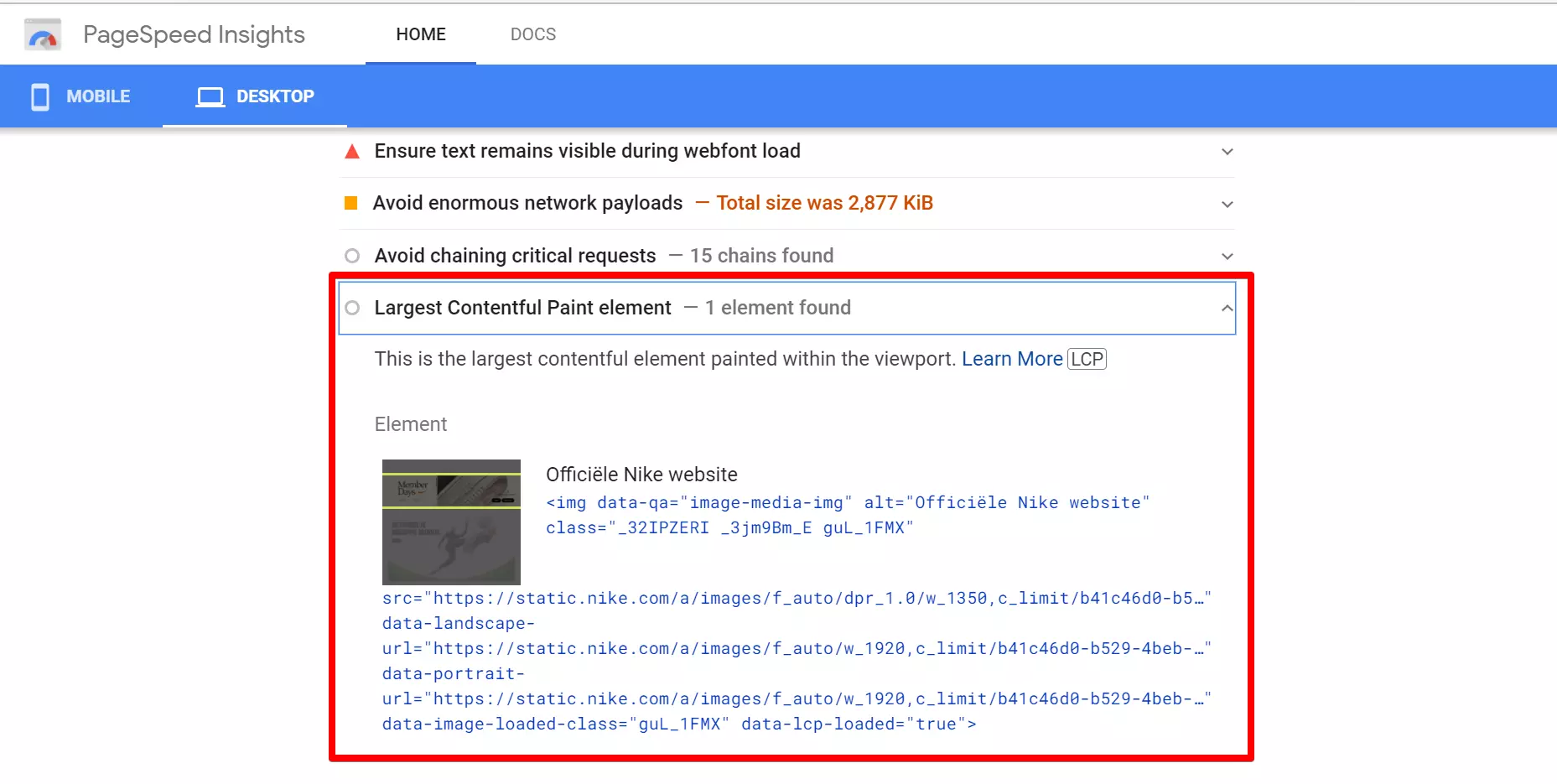 PageSpeed Insights LCP Element